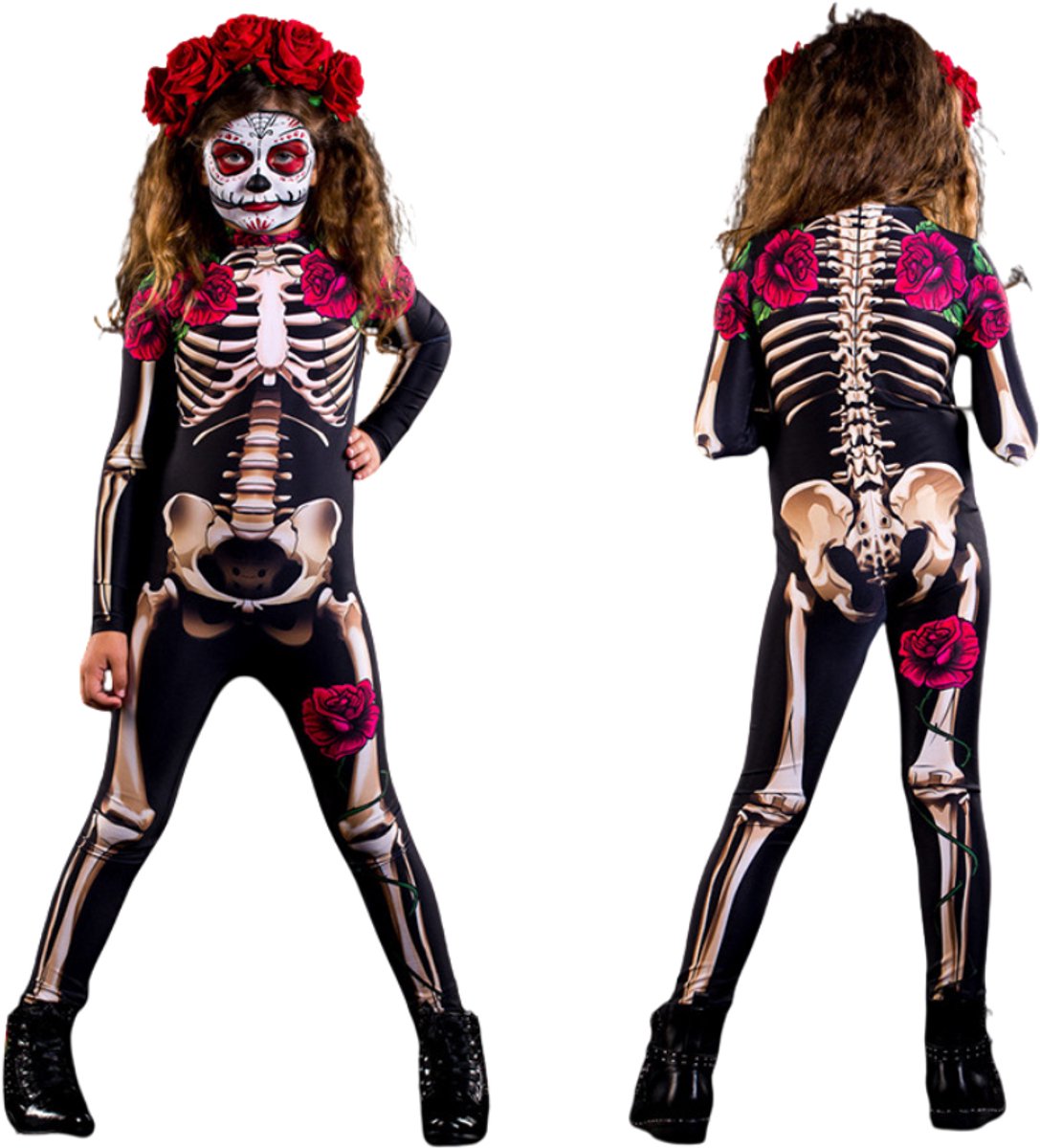 Joya Kids® Skelet Verkleedpak Rozenprint Kinderen | Jumpsuit Halloween Kostuum | Día de los Muertos Verkleed Kostuum Meisje | Stretch Carnaval Outfit | Maat XL
